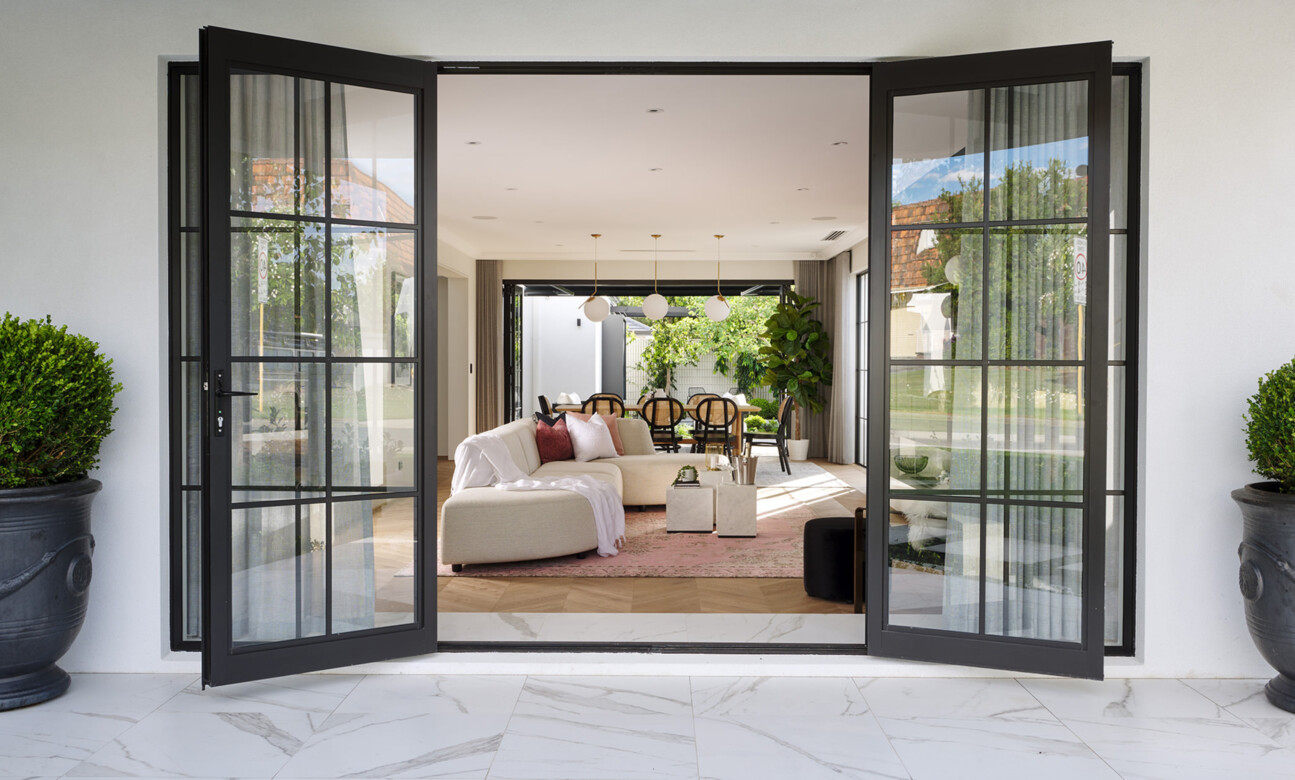 French doors opening onto living area